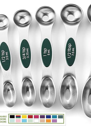 Spring Chef Stainless Steel Magnetic Measuring Spoons Set of 8 with Leveler, Stackable Magnetic Teaspoon & Tablespoon Set, Metal Kitchen Gadgets for Baking & Cooking, Fits in Spice Jars - Pine Green
