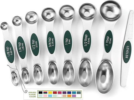 Spring Chef Stainless Steel Magnetic Measuring Spoons Set of 8 with Leveler, Stackable Magnetic Teaspoon & Tablespoon Set, Metal Kitchen Gadgets for Baking & Cooking, Fits in Spice Jars - Pine Green