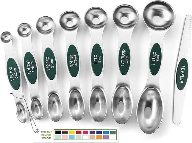 Spring Chef Stainless Steel Magnetic Measuring Spoons Set of 8 with Leveler, Stackable Magnetic Teaspoon & Tablespoon Set, Metal Kitchen Gadgets for Baking & Cooking, Fits in Spice Jars - Pine Green