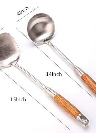 Wok Spatula and Ladle,304 Stainless Steel Utensils.Suitable for home use, hotel, restaurant.13.7-15Inch
