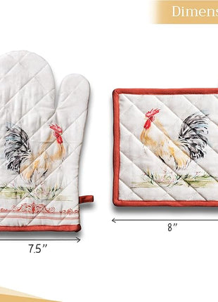 Maison d' Hermine 100% Cotton Oven Mitt & Pot Holder Set (7.5"x13" & 8"x8") Heat Resistant BBQ Cooking Gloves with Loop, Baking, Grilling, Kitchen, Handling Hot Pans Spring/Summer (Campagne)