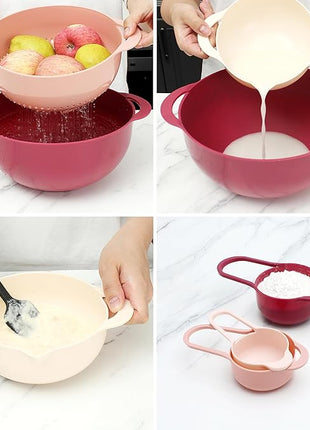 COOK WITH COLOR Nesting Bowls with Measuring Cups Colander and Sifter Set - Includes Mixing Bowls, Colander, Sifter and Measuring Cups, Rose, 8 Pc Bowl