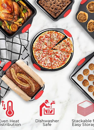 PERLLI Non-Stick 8-Piece Baking Pan Set, BPA-Free Carbon Steel Bakeware Set with Silicone Handles, Stackable Kitchen Oven Set, Cookie Sheet, Baking Tray, Baking Sheet Set, Oven Safe (446°F)