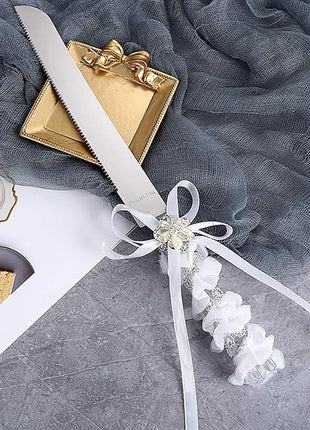TANG SONG Stainless Steel Elegant Wedding Cake Knife and Serving Set Resin Plastic Handle Pearl Flower Shape with Lace Wedding Cake Knife and Shovel