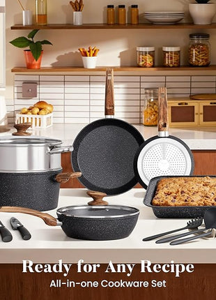 Kitchen Induction Cookware & Bakeware Set - 30 Piece Black Granite Cooking Pans Set, Non-Stick Pots and Pans Set