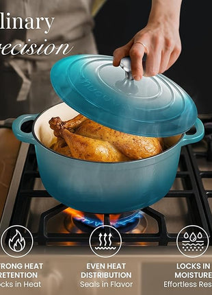 Nuovva Enamelled Cast Iron Dutch Oven Pot with Lid – 6.4 Quart Non Stick Casserole Pot – Heavy Duty & Oven Safe up to 500° F for Bread Baking, Braising, Stews, Roasting – 28cm Teal