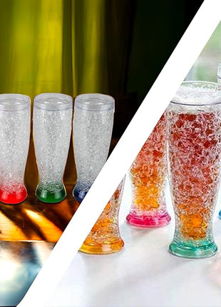 Lily's Home 16 oz Set of 4 Freezer Beer Mugs, Double Wall, Insulated with Liquid Gel Plastic Freezable Glasses, Glass for Freezer, Chiller Frosty Cup,for party
