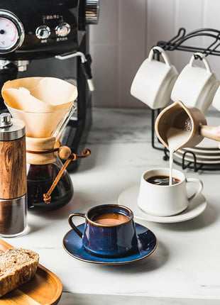 YHOSSEUN Espresso Cups with Saucers and Metal Stand, 4 Oz Ceramic Expresso Shots Cup Espresso Small Coffee Cups Set of 6, Beige