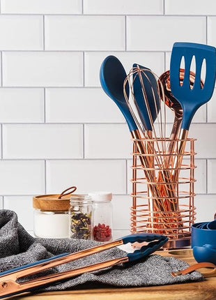 Copper and Blue Silicone Cooking Utensils Set - 17-Piece Set with Copper Utensil Holder and Measuring Cups and Spoons for Stylish Cooking and Baking - Blue Kitchen Decor, Unique Kitchen Gifts