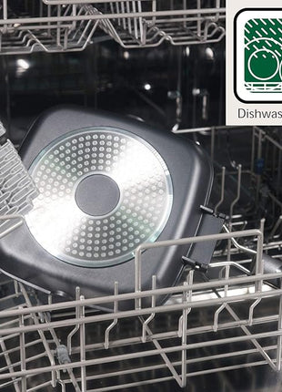 SKITCHN Nonstick Grill Pan With Folding Handle - Induction Compatible KBBQ Pan for Stove Tops, Indoor Square BBQ Grilling With Pour Spouts - 11 in