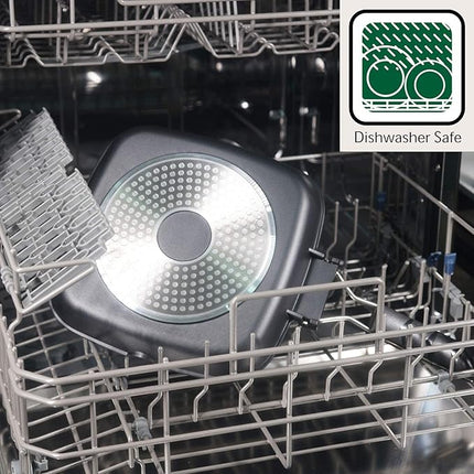 SKITCHN Nonstick Grill Pan With Folding Handle - Induction Compatible KBBQ Pan for Stove Tops, Indoor Square BBQ Grilling With Pour Spouts - 11 in