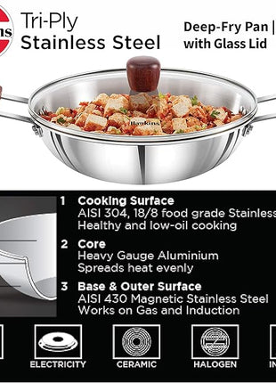 Hawkins 2.5 Litre Deep Fry Pan, Triply Stainless Steel Kadai with Glass Lid, Flat Bottom Induction Kadhai, Silver (SSD25G)
