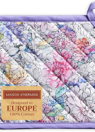 Maison d' Hermine Pot Holders 100% Cotton Heat Resistant Potholders 8" x 8" Hot Pads with Loop BBQ, Cooking, Baking, Grilling, Kitchen, Handling Hot Pans Spring/Summer (Pack of 1, Floral Love)