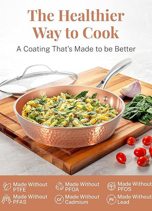 GOTHAM STEEL Hammered Copper 12 Inch Non Stick Frying Pans with Lid, Frying Pans Nonstick with Lid, Non Toxic Ceramic Pan for Cooking, Nonstick Frying Pan, Induction Pan, Oven and Dishwasher Safe