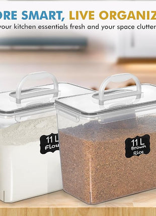 Shazo 2 PC (11L | 372 oz) Flour Sugar Storage Containers with Easy Carry Handle - Plastic Extra Large Food Storage Containers with Lids for Rice Cereal, BPA Free & Airtight Kitchen Pantry Organization