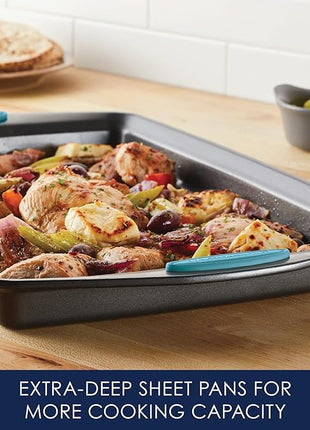 Rachael Ray Bakeware Nonstick Cookie Pan Set, 3-Piece, Gray with Agave Blue Grips