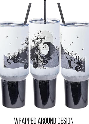 Silver Buffalo Disney Nightmare Before Christmas by Tim Burton Jack Skellington Hill and Moon Stainless Steel Tumbler with Handle and Straw, Fits in Standard Cup Holder, 40 Ounces (Pack of 12)