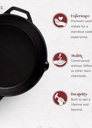 Cuisinel Cast Iron Skillets Set - 10" + 12"-Inch Pre-Seasoned Frying Pans + Removable Silicone Handle Holder Grips + Pan Scraper - Oven-Safe Cookware Kit + Accessories + Handle Helper