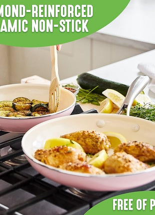 GreenLife Artisan Healthy Ceramic Nonstick, 8" and 10" Frying Pan Skillet Set, Stainless Steel Handle, Induction, PFAS-Free, Dishwasher Safe, Oven Safe, Pink