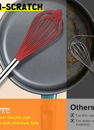 HOTEC 4 Pieces Silicone Whisks Set, Wire Balloon Whisks for cooking Egg Beater, Non-slip Handle Whisk for Non-stick Cookware Perfect for Cooking, Stirring, Beating and Blending (Multicolor)