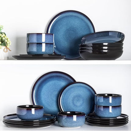 LeRatio Ceramic Dinnerware Sets for 4,Porcelain Plates and Bowls Sets,Handmade Reactive Glaze Dishes Set,Chip Resistant and Scratch Resistant | Oven&Dishwasher & Microwave Safe,Service for 4-Blue