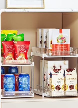 Delamu 2-Tier Multi-Purpose Bathroom Under Sink Organizers and Storage, Stackable Kitchen Pantry Organization, Pull Out Medicine Cabinet Organizer with Movable Dividers, White, 4Pack