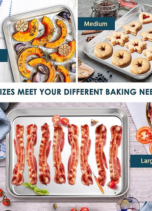 E-far Stainless Steel Baking Sheet Set of 3, 12.4”/10.5” /9.4” Cookie Sheet for Oven, Rimmed Metal Tray for Cooking Baking Bacon, Non-toxic & Dishwasher Safe