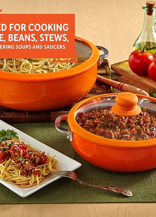 IMUSA USA 2 Piece Orange Ceramic Interior Caldero Set with Orange Silicone Rim and Glass Lid