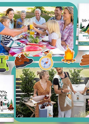 Set of 6 Camping Kitchen Towels White Absorbent Dishcloth Bonfire Tent Car Tea Towels 24 x 16 Inches with Funny Sayings Novelty Gifts for Campers Happy Camper Camping Accessories for Rv Campers