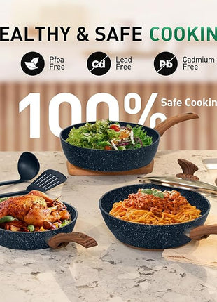 Kitchen Academy Pots and Pans Set Non Stick - 12 Piece Induction Kitchen Cookware Sets, Blue Granite Nonstick Cooking Pans Set