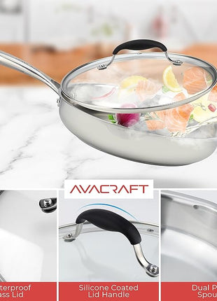 AVACRAFT 18/10 12 Inch Stainless Steel Frying Pan with Lid, Side Spouts, Induction Pan, Versatile Stainless Steel Skillet, Fry Pan in our Pots and Pans (12 inch)