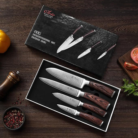 Wakoli EDIB 4-Piece Damascus Knife Set – Professional Chef Knives Set with VG10 Core Blades, 67-Layer Damascus Steel and Ergonomic Pakkawood Handles – Premium Kitchen Knives in Elegant Gift Box