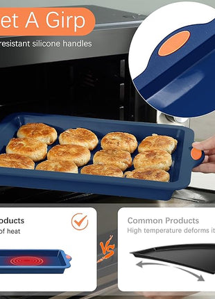 To encounter Silicone Baking Pans Set, 4 Pieces Nonstick Bakeware Set with Baking Pans, Baking Sheets, Cookie Sheets, Cake Pan with Grips and Metal Reinforced Frame More Strength, Navy Blue