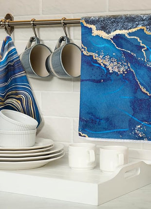 Boyiee Set of 6 Marble Kitchen Towels Blue Gold Hand Modern Absorbent Soft Decorative Dish Tea Towels 24 x 16 Inches Kitchen Gifts for Farmhouse Bathroom Decorations
