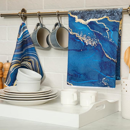 Boyiee Set of 6 Marble Kitchen Towels Blue Gold Hand Modern Absorbent Soft Decorative Dish Tea Towels 24 x 16 Inches Kitchen Gifts for Farmhouse Bathroom Decorations