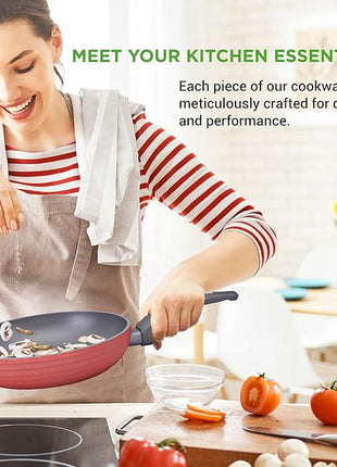 NutriChef 12-Piece Nonstick Kitchen Cookware Set-PTFE/PFOA/PFOS-Free Heat Resistant Lacquer Kitchen Ware Pots Pan Set Dark Gray/Red- Saucepot, Pans, Cooking Pot Oven Pot, Lid, Utensil - NCCW12RED