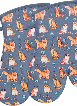 Oven Mitts Gloves 1 Pair Heat Resistant 480 ℉ Non Slip Clear Silicone Printed Cat Comfortable Cotton Lining Kitchen Men Cooking Barbecue Machine Washable (Cat, Blue Mitts)