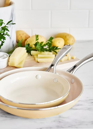 GreenLife Artisan Healthy Ceramic Nonstick, 8" and 10" Frying Pan Skillet Set, Stainless Steel Handle, PFAS-Free, Dishwasher Safe, Oven Safe, Yellow