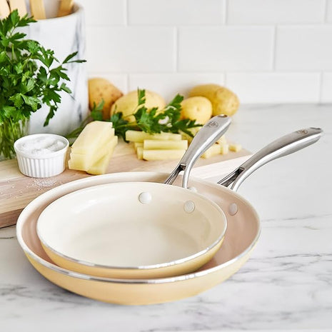 GreenLife Artisan Healthy Ceramic Nonstick, 8" and 10" Frying Pan Skillet Set, Stainless Steel Handle, PFAS-Free, Dishwasher Safe, Oven Safe, Yellow