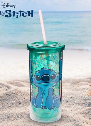 Silver Buffalo Disney Lilo and Stitch Tropical Pattern Plastic Tall Cold Cup with Lid and Straw, 20 Ounces