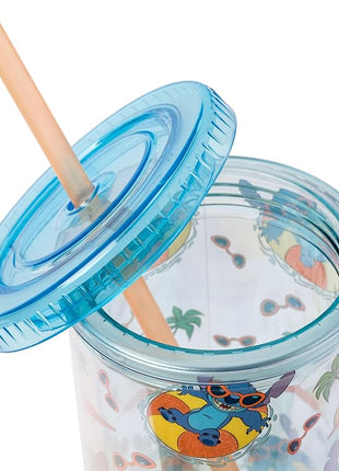 Silver Buffalo Disney Lilo and Stitch Beach Island Stitch in Floatie Swim Ring Plastic Glitter Cold Cup with Lid and Straw, 20 Ounces