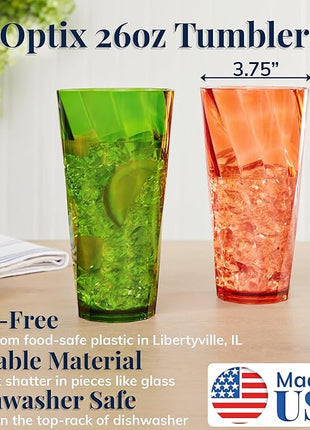 US Acrylic Optix Plastic Reusable Drinking Glasses (Set of 8) 26oz Iced-Tea Cups in Jewel Tone Colors | BPA-Free Tumblers, Made in USA | Top-Rack Dishwasher Safe