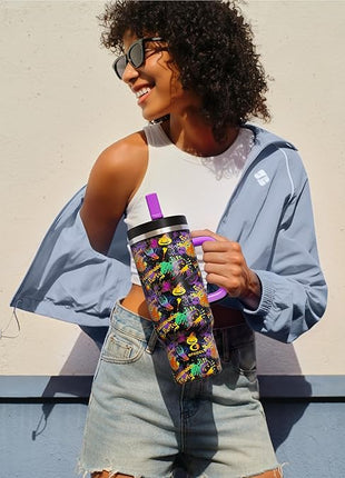 ENCOOL 40 oz Tumbler with Handle and Straw: Stainless Steel Insulated Tumbler Keeps Cold for 24 Hours, Leakproof Travel Cup Fits in Cup Holder and BPA-Free, Meowgic Night