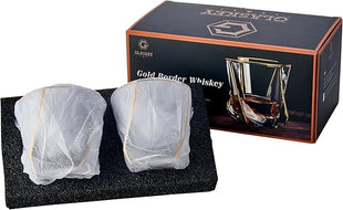 GLASKEY Crystal Whiskey Glasses Set of 2 with 24K Gold Rim,Bar Glasses,Twisted Whiskey Glass Gold Collection for Bourbon,Scotch and Wine,Rock Barware for Men Gift - 8oz