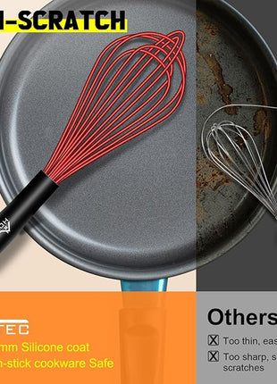 HOTEC 4 Pieces Silicone Whisks Set, Wire Balloon Whisks Egg Beater, Non-slip Handle Whisk for Non-stick Cookware Perfect for Cooking, Stirring, Beating and Blending (Red)