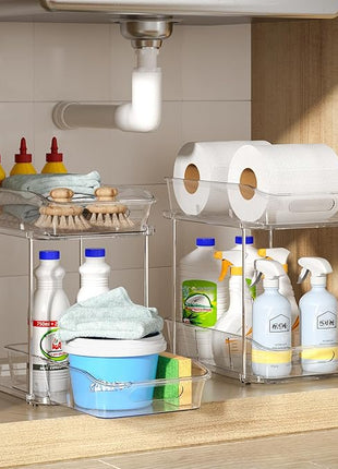 Delamu 2-Tier Under Sink Organizers and Storage, Multi-Purpose Stackable Bathroom Cabinet Organizers, Pull Out Kitchen Pantry Organization and Storage with Dividers(4 Pack, Clear)