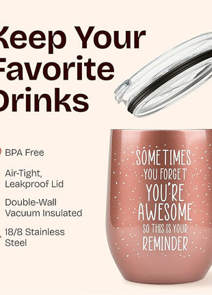 KLUBI Birthday Gifts for Women - Sometimes You Forget You're Awesome 12oz Funny Wine Tumbler With Lid and Straw Self Care Gift for Women Farewell Gifts for Coworkers College Care Package for Girls