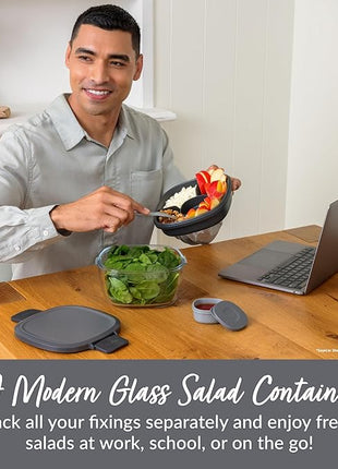 Bentgo Glass All-in-One Salad Container - Large 61-oz Salad Bowl with Lid, 4-Compartment Bento-Style Tray, 3-oz Sauce Container, and Reusable Fork - Dishwasher, Microwave, and Oven Safe (Dark Gray)