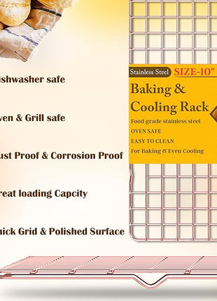 2-Pack Cooling Racks for Cooking and Baking - 10" x 15"Heavy Duty Stainless Steel Wire Rack for Baking, Grilling, Roasting - Oven & Dishwasher Safe - Fits Jelly Roll Sheet Pan（Rose Gold）