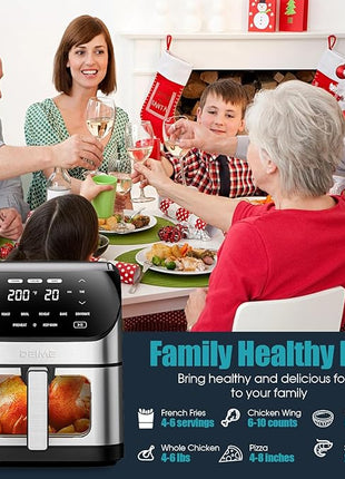 Air Fryer 6.2 QT Large Capacity Oilless Hot Air Fryers Oven 1500W Healthy Cooker with 10 Presets, Digital LCD Touch Screen, Visual Cooking Window, Non-Stick Basket, Included Recipe (Silver-L)